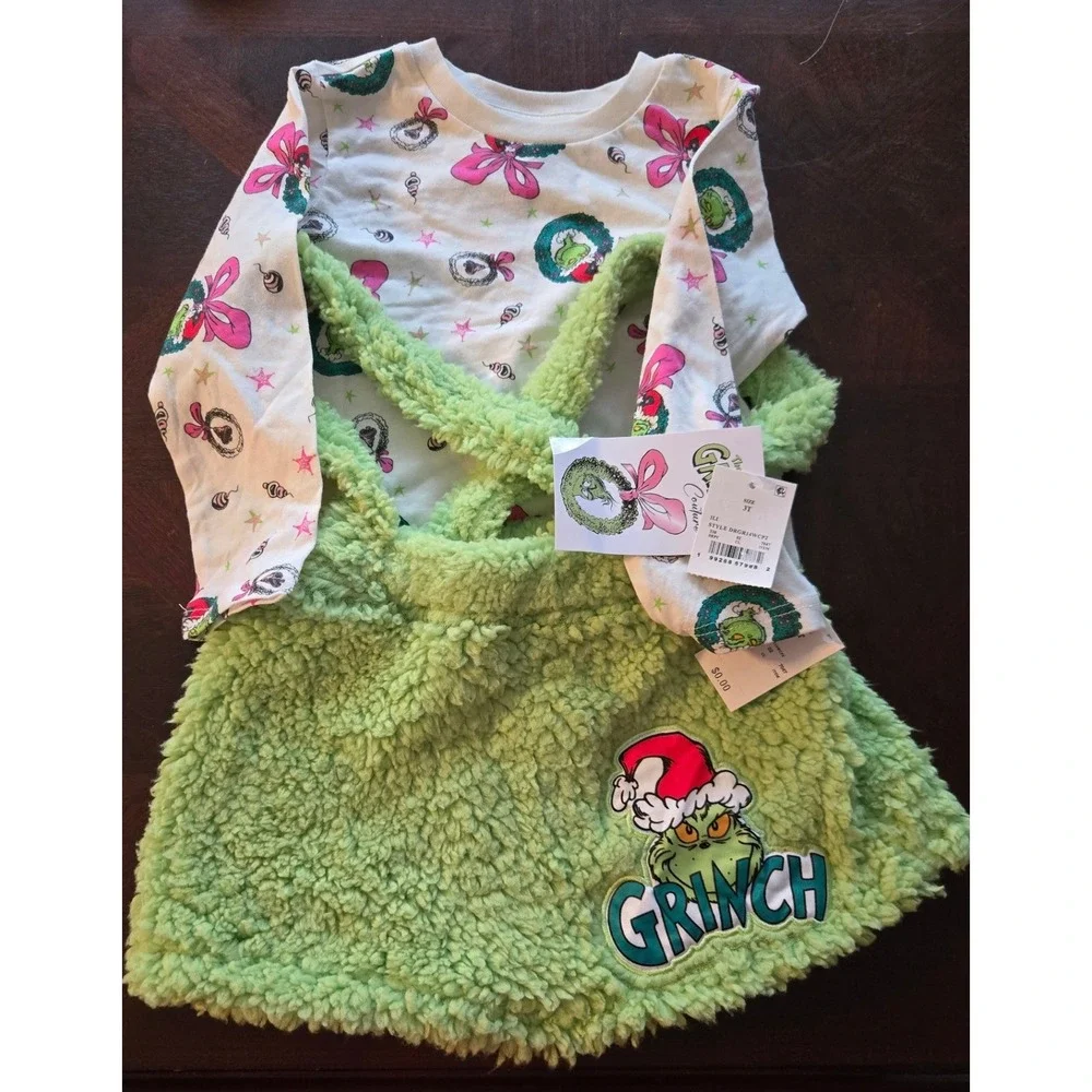 Dr Seuss The Grinch Couture Girls 2 Piece Faux Fur Overall Skirt & Tee Set 3T